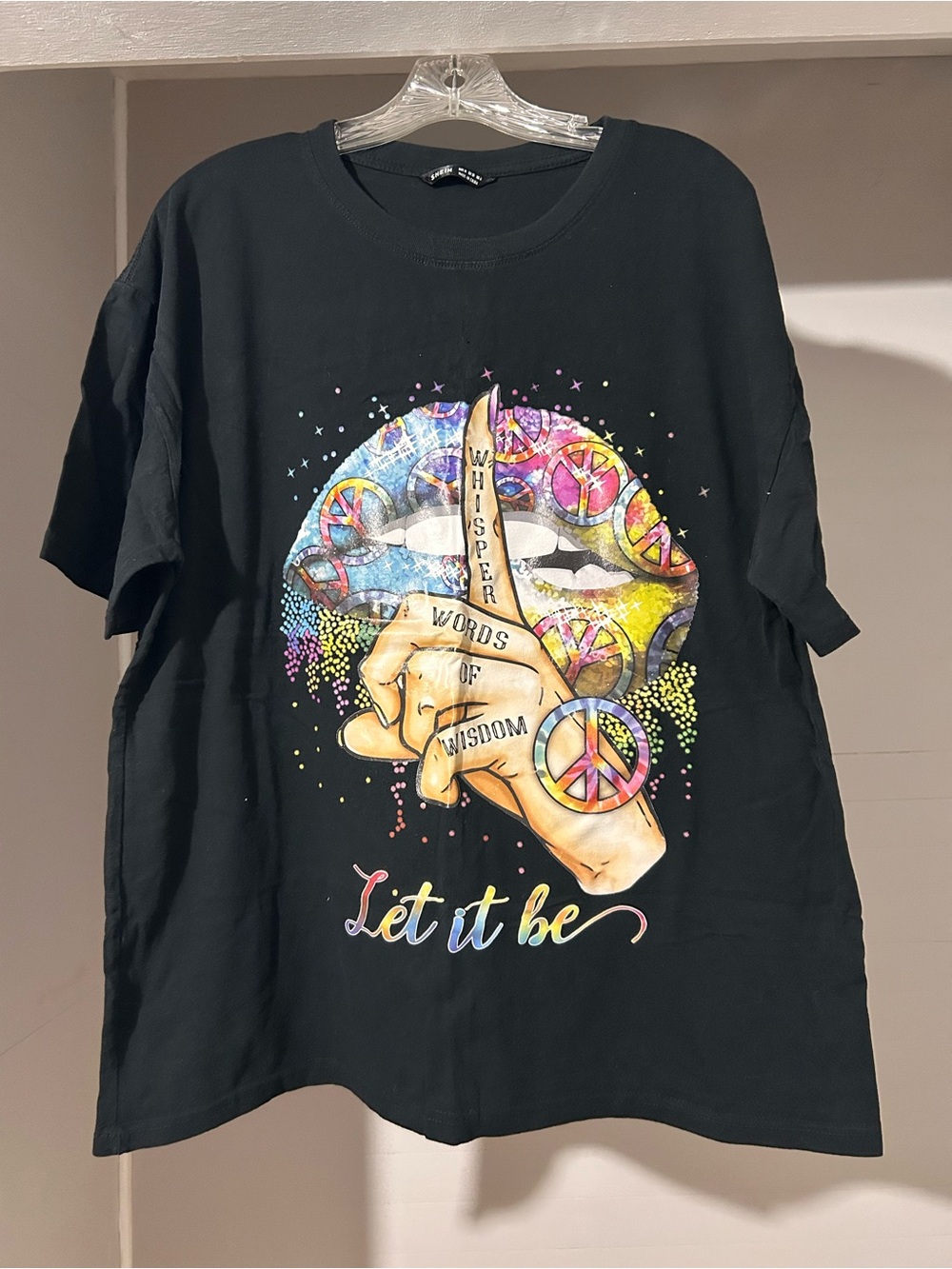 SHEIN Black Graphic Tee with Multicolor Peace Design